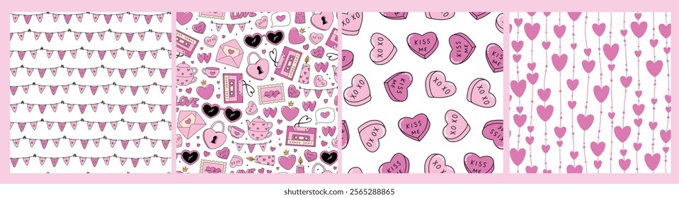 Valentine's day square seamless patterns, wallpaper collection decorated with doodles, cartoon elements. Good for textile prints, wrapping paper, stationery, digital paper, packaging, etc. EPS 10