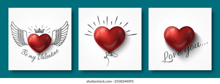 Valentines Day square social network post template set. Vector glossy red 3d heart with black crown, wings, baloon on white background. Be My Valintine, love you lettering greeting card for messenger