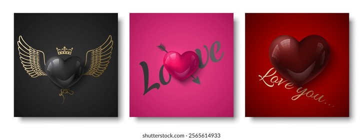 Valentines Day square social network post template set. Vector glossy burgundy, black and pink 3d heart with gold crown, wings, baloon and arrow on red background. Love you lettering greeting card