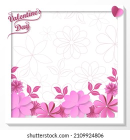 Día de San Valentín. Diseño de plantillas cuadradas con flores de papel rosado abstracto para banners, volantes, tarjetas de felicitación, medios sociales. Ilustración del vector aislada en fondo blanco