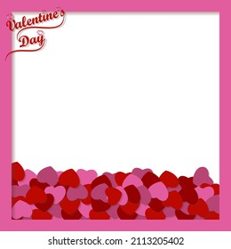 Valentine's Day. Square template design with pink frame, pink and red abstract paper hearts for banners, flyers, greeting cards, social media. Vector illustration isolated on white background