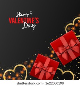 Valentine's Day squared banner for seasonal sale. Realistic Vector illustration with top view red gift boxes, golden hearts, garland and confetti on black background. Banner for ad, coupon, promotions
