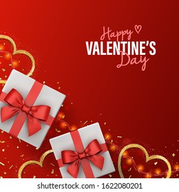 Valentine's Day squared banner for seasonal sale. Realistic Vector illustration with top view white gift boxes, golden hearts, garland and confetti on red background. Banner for ad, coupon, promotions