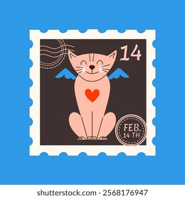 Valentine's Day stamp with cute cat angel. Vector hand draw illustration