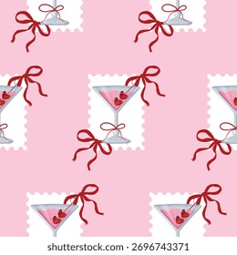 Valentine's Day stamp pattern with martini glass design on pink background, for web design, stickers, branding and decor