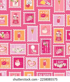 Valentines day stamp seamless pattern on pink background. Love, romantic, wedding concept. Cute Flat illustration for wallpaper, textile, fabric, paper