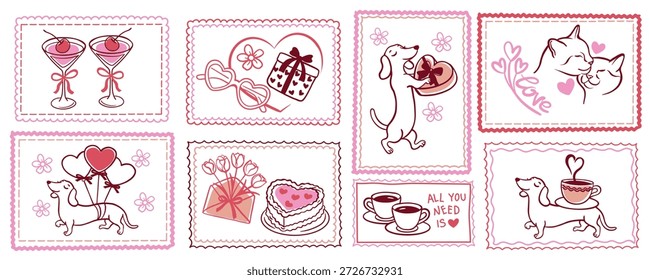 Sello de San Valentín con lindos perros dachshund, gatos y garabatos románticos. Pegatinas de Vector dibujadas a mano con corazones, regalos y cócteles para tarjetas de felicitación, el conjunto presenta encantadoras ilustraciones dibujadas a mano: un perro salchicha con globos de corazón, un par de gatos que acarician