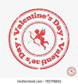valentines day stamp, vector illustration flat, red, white, texture and scuff, angel flies, bow and arrow, wings, feathers