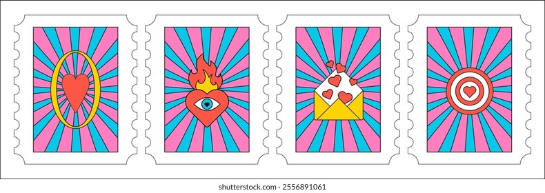 Valentines day stamps. Playful Colorful Cards with Hearts with ray background. Mystical Tarot cards vibe. Simple shapes, gambling. Funny prints. love mood. Cult aesthetics. Magic Vibrant Design 