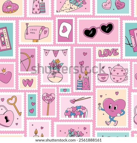 Valentine's day stamps seamless pattern for wallpaper, wrapping paper, packaging, stationery, digital paper, textile prints, etc. EPS 10
