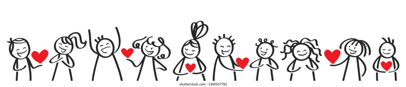 Valentine's Day, stick figures giving hearts to each other