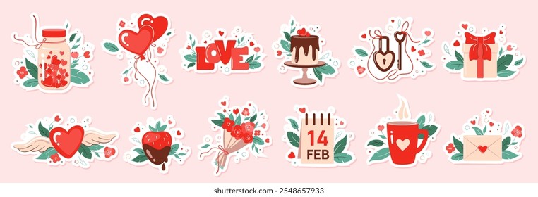 Valentine's day sticker badges and labels. Scrapbooking design elements: gift, heart, balloon, key, flowers, cake, calendar, envelope, jar with hearts. Vector illustration for postcards, daily planner