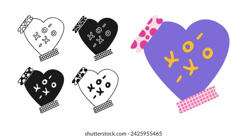Valentine's day sticker cartoon symbol and doodle, stamp stylized set. Valentine invitation heart card with kiss xo-xo love design. Romantic simple sign for invitation, label banner, tattoo vector