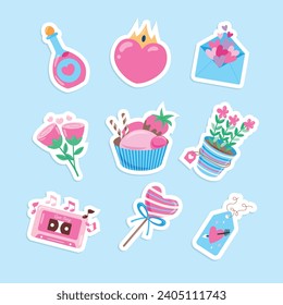 Diseño de San Valentín Sticker. Feliz Día de San Valentín fondo decorativo de elementos. Celebración de San Valentín. 14 de febrero. Ilustración del vector de dibujos animados Plantilla de pegatinas.