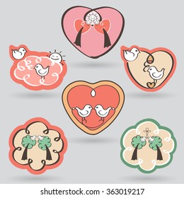 valentines day sticker with lovely birds kissing each other in different situations