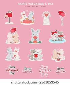 Valentine's day sticker pack with cartoon hand-drawn romantic illustrations. Doodle kawaii sticker set with cute cats, adorable bunnies, lovely ducks, heart-shaped balloons, mailbox with a love letter