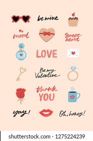 Valentine's Day sticker pack. Cute hand drawn set with love elements, lettering phrases and words. Template for greeting cards, posters, banners, scrapbooking, congratulations, invitations, planners.