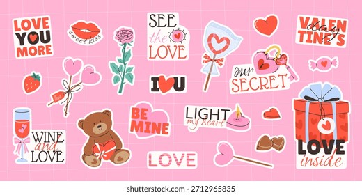 Paquete de pegatinas del día de San Valentín con lindos Elementos dibujados a mano. Corazones, regalos, peluche, rosa, fresa, piruletas, frases cortas románticas. Artes de Clip aisladas para el 14 de febrero, scrapbooking, proyectos digitales