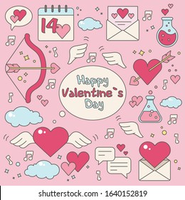 Valentines day sticker pack. Gift card love design for wedding with pink heart, love poison, Cupids arrow and love message. Romantic poster, greeting banner, trendy t-shirt print. Pink background