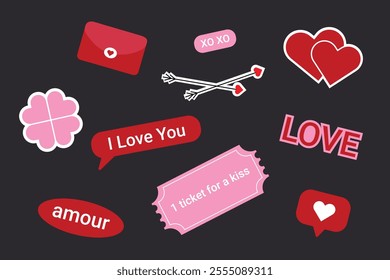 Valentine's Day sticker pack: heartfelt designs in red and pink. Vector set.