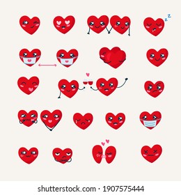 Valentines day sticker pack. Kawaii hearts. Love in the distance. Set of cartoon character of hearts. Couple in love. Vector illustration
