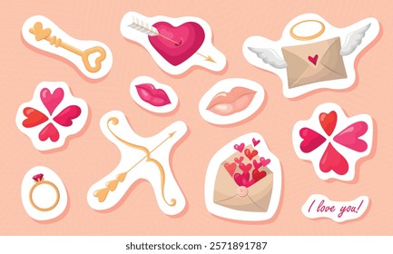 Valentine's Day sticker pack. Large set: Hearts, ring, Cupid's bow, key to the heart, kisses and love letters. The clipart is in pink tones. Illustrations for Valentine's Day