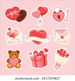 Valentines day sticker pack. Love, heart flat design elements for Valentine, wedding, anniversary decoration.Cute vector illustration style. Cartoon clipart.