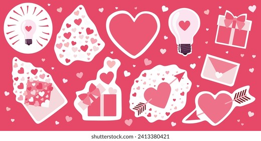 Valentines day Sticker pack Set. Vector Flat style Romantic Collection. Design Art for cards, posters, banners. Heart with Arrow, Gift box, Love letter, Envelope. February Romantic Celebration element