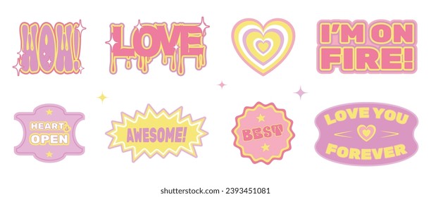 Valentine's Day sticker pack in Y2K retro aesthetic, set of cute drawings, hearts and abstract forms with short cheerful phrases. Vector illustration.