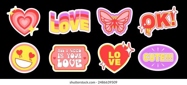 Valentine's Day sticker pack in Y2K retro aesthetic, set of cute drawings, hearts, butterfly, face and abstract forms with short cheerful phrases. Vector illustration.