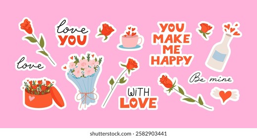 Valentine's day sticker set with cute vector flat illustrations and lettering. Roses, bouquets, cup and bottle. Hand drawn romantic quotes love you, with love, be mine and you make me happy