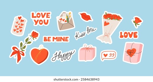 Valentine's day sticker set with cute vector flat illustrations and lettering. Roses, bouquets, gifts, envelope and other. Hand drawn romantic quotes love you, kiss me, be mine and happy