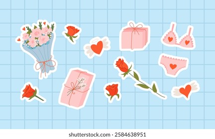 Valentine's day sticker set with cute vector flat illustrations. Floral bouquet, roses, gifts and other romantic objects