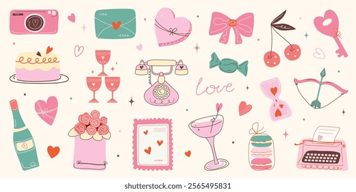 Сute Valentine's day sticker set. Hand drawn groovy cartoon elements. 14 February coquette collection with heart, flowers, bow. Funky Saint Valentine design in flat style. love Isolated vector illustr