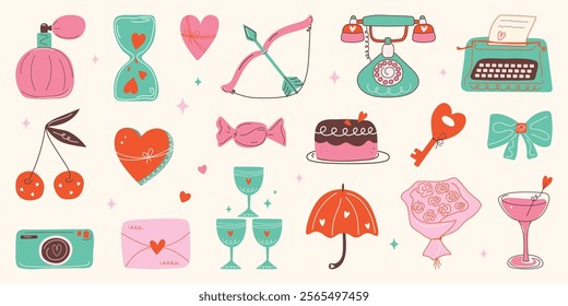 Сute Valentine's day sticker set. Hand drawn groovy cartoon elements. 14 February coquette collection with heart, flowers, bow. Funky Saint Valentine design in flat style. love Isolated vector illustr