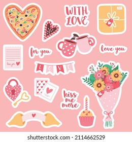 Valentine's Day sticker set: hearts, gift, fortune cookie, flowers, postcard and calligraphy quotes. Love concept.
