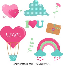 Valentine's Day sticker set on white background, vector, heart, cloud, rainbow