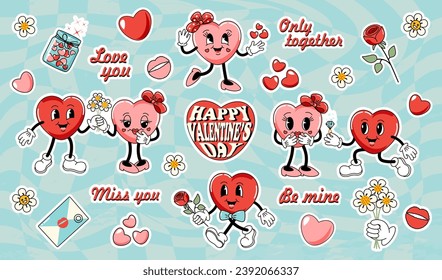 Valentine's Day sticker set. Retro cartoon style. Aesthetics of the 70s, 60s