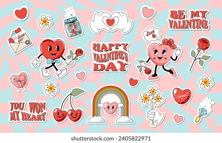 Valentine's Day sticker set. Retro cartoon style of the 70s, 60s