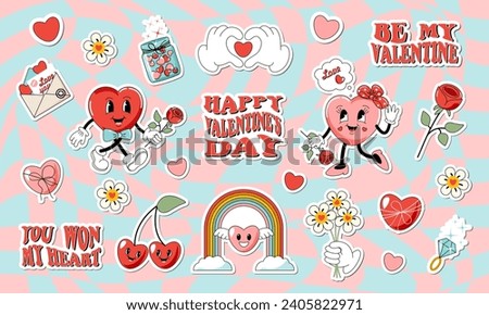 Valentine's Day sticker set. Retro cartoon style of the 70s, 60s