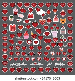 Ilustración vectorial de stickers del Día de San Valentín. Corazones con emociones, pasteles, cardiograma, letras, regalos, cerezas, fresas.
