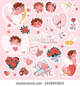 Valentinstag-Aufkleber, Vektorset. Geschenke, Kuchen, Herzen, Kuppeln, Desserts, Blumenstrauß, Schlösser und andere traditionelle Dekorationen. Cartoon-Stil. Ideal für Aufkleber und Grußkarten. Vektorgrafik 