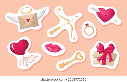 Valentines day stickerpack. A love letter, a gift, a heart, a lollipop, a kiss. The clipart is in pink tones. Illustrations for Valentine's Day.