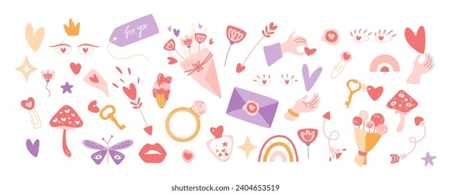 Valentine's Day stickers big collection. Hands holding hearts, bouquet of flowers, love arrows, magical mushrooms and keys, abstract shapes, stars, butterfly. Vector illustration in pink, purple color