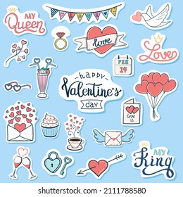 Valentine's Day stickers collection with hand drawn elements and lettering. Vector illustration