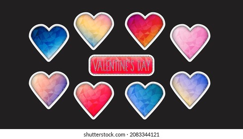 valentine's day stickers collection hearts in low poly mosaic triangle style