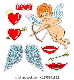 Valentines day stickers: cupid with bow and arrow, hearts, angel wings, red lips, arrow.