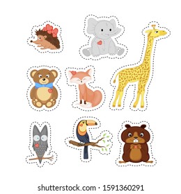 Valentine's Day stickers with cute animals. Cartoon style. Vector illustration