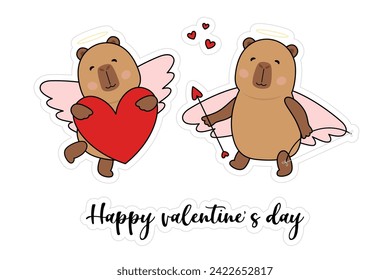 Valentine's day stickers with cute capybara. Love romantic set.