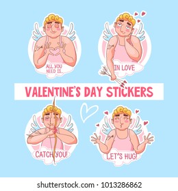 Valentines day stickers with cute cupid character. Part of big set of cartoon cupids with different emotions for mobile app.